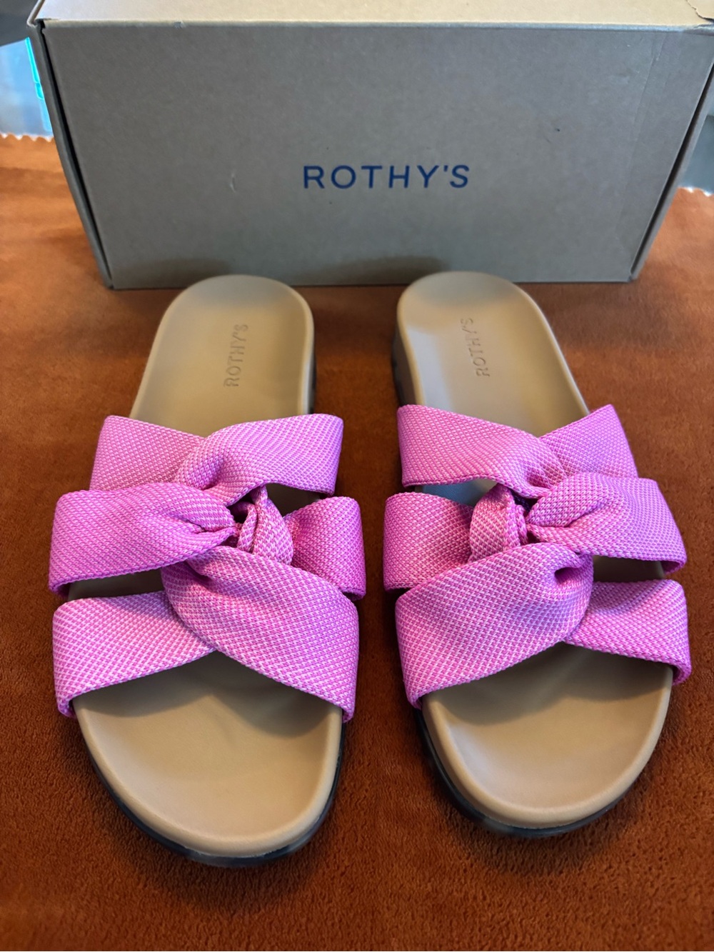 Rothy's Pink Knotted Fabric Slide Sandals Snapdragon